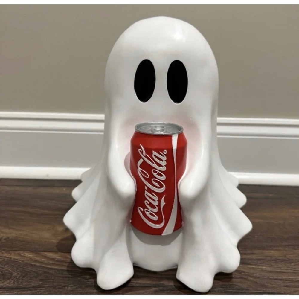 Coca-Cola Ghost Figurine Halloween Decor White Resin Statue Holding Coke Can NEW